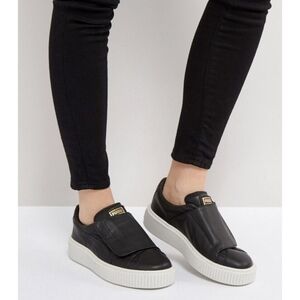 PUMA // super soft black leather velcro strap platform sneakers